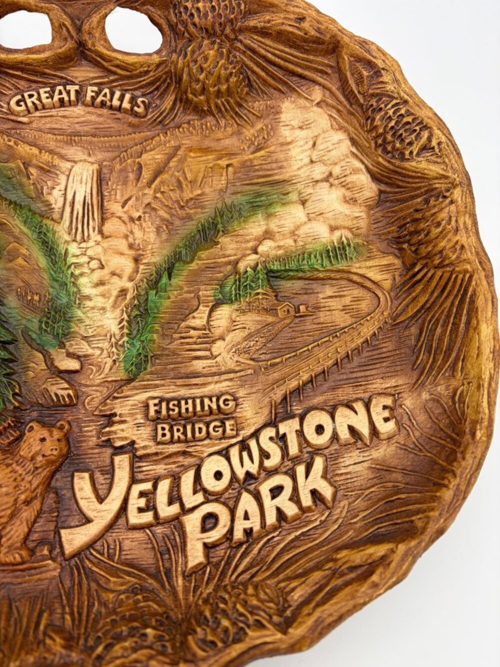 Vintage TACO Yellowstone Park Faux Wood Resin Wall Bowl Tray Old Faithful 11.5in - Picture 6 of 7